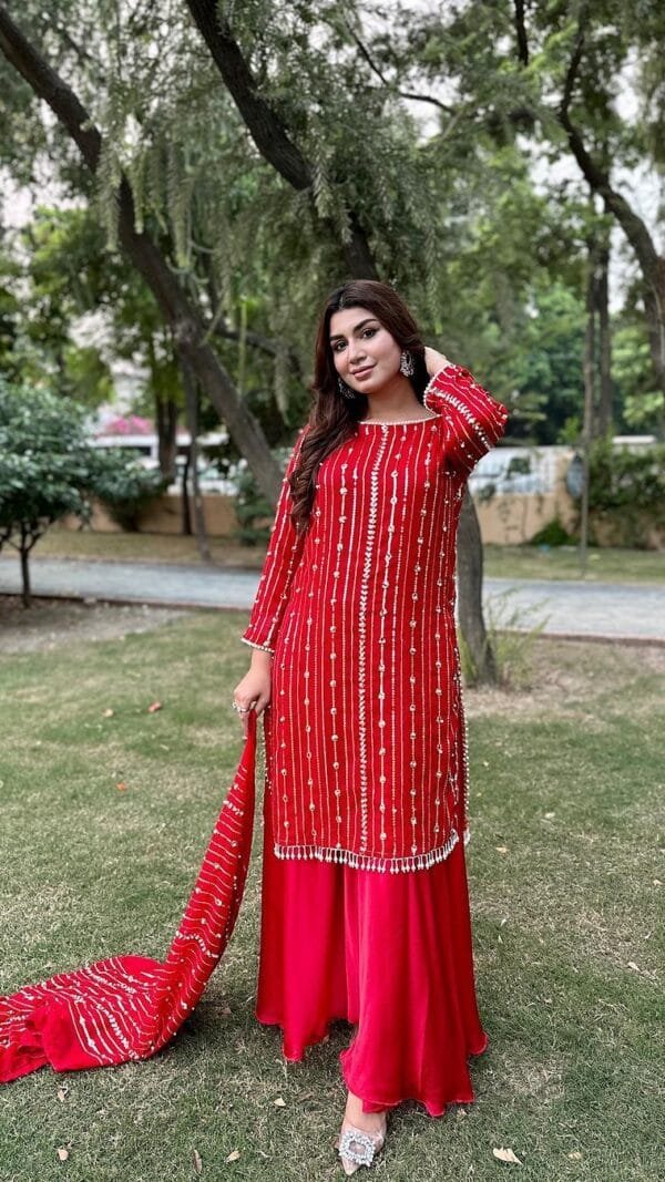 Red Fully Stitched Ready To Wear Faux Georgette Sequence Work Pakistani Suits In Sales