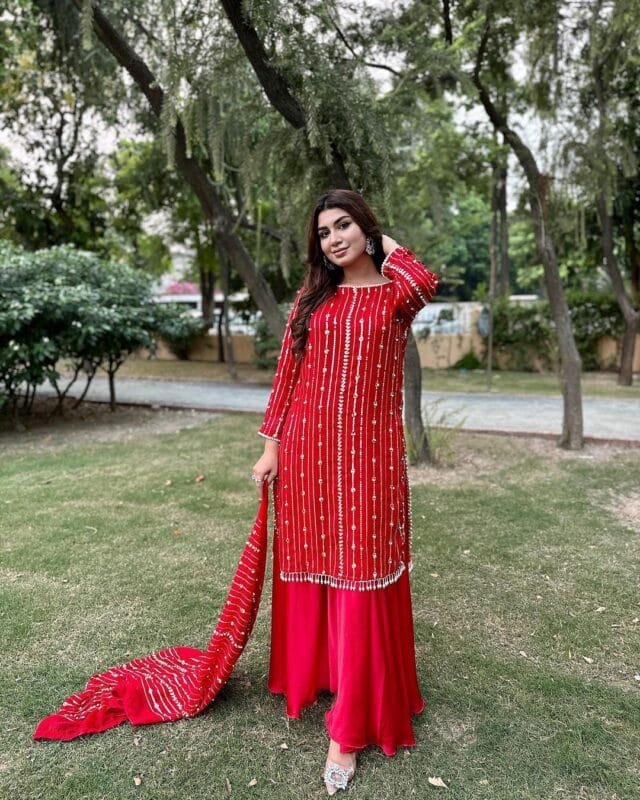 Red Fully Stitched Ready To Wear Faux Georgette Sequence Work Pakistani Suits In Sales