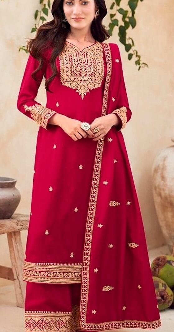 Red Readymade Vichitra Silk Embroidery Work Pakistani Suits In Sale