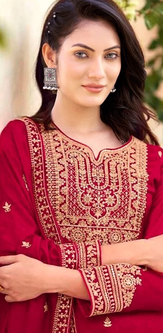 Red Readymade Vichitra Silk Embroidery Work Pakistani Suits In Sale