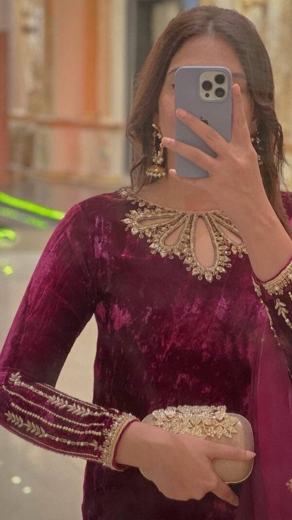 Red Velvet with Zari Embroidery Work Pakistani Suits In Sale
