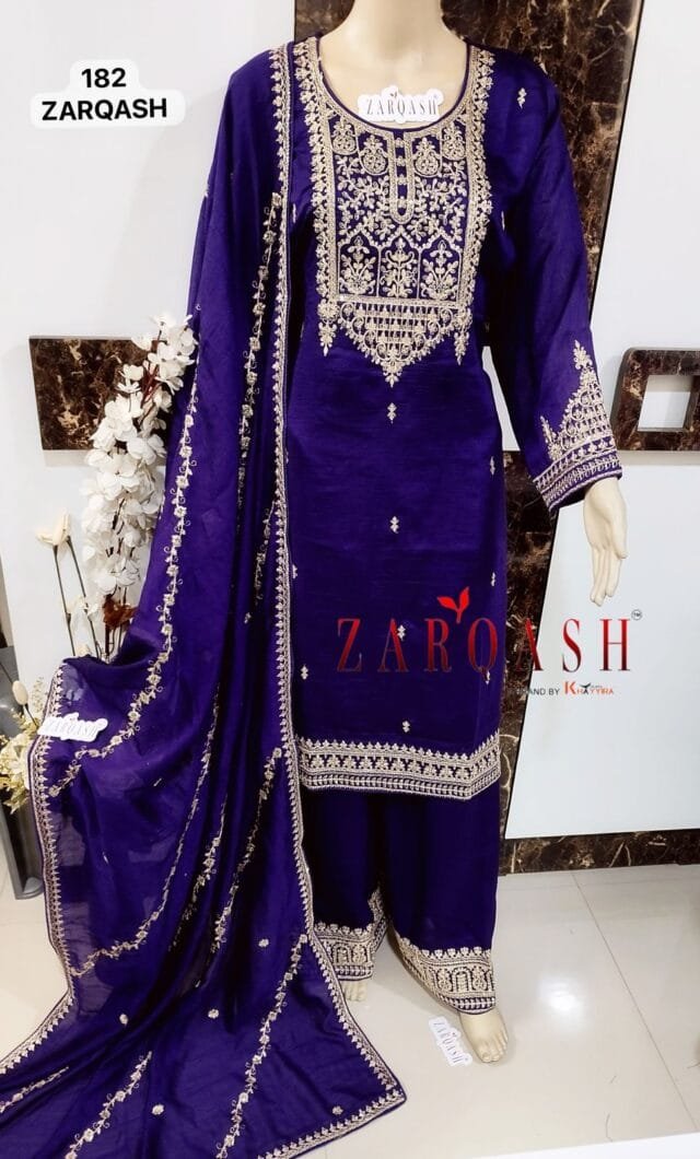 Royal Purple Readymade Vichitra Silk Embroidery Work Pakistani Suits In Sale