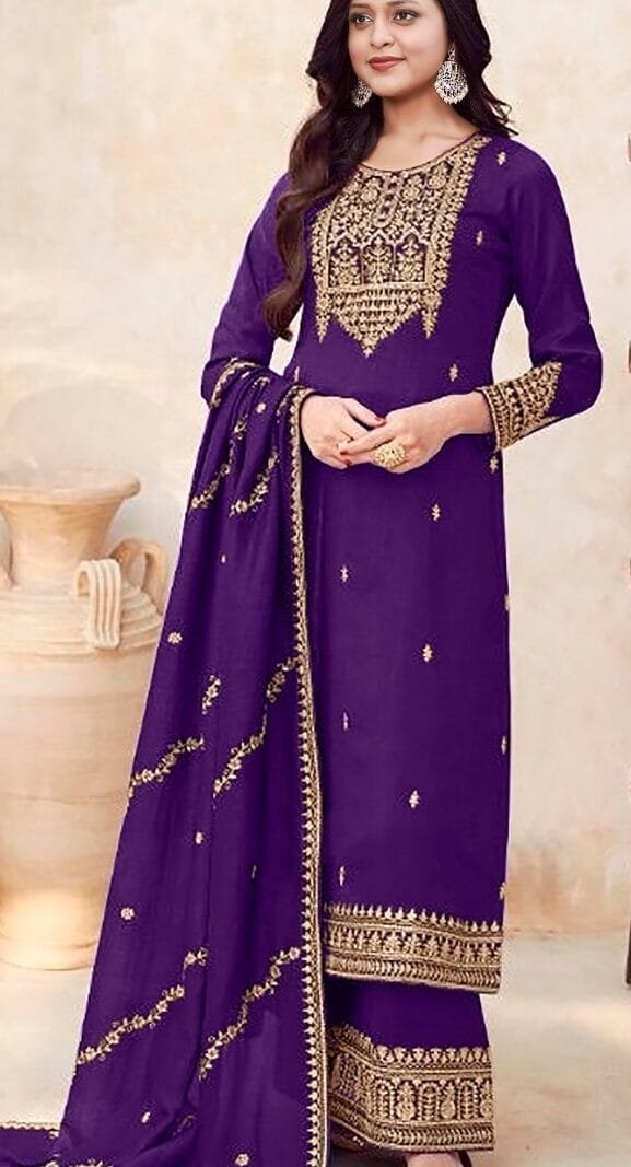 Royal Purple Readymade Vichitra Silk Embroidery Work Pakistani Suits In Sale