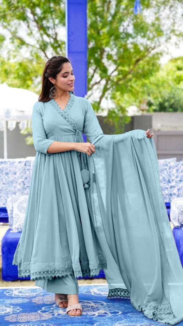 Sky Blue Anarkali Faux Georgette Gown With Fully Flair Suits In Sale