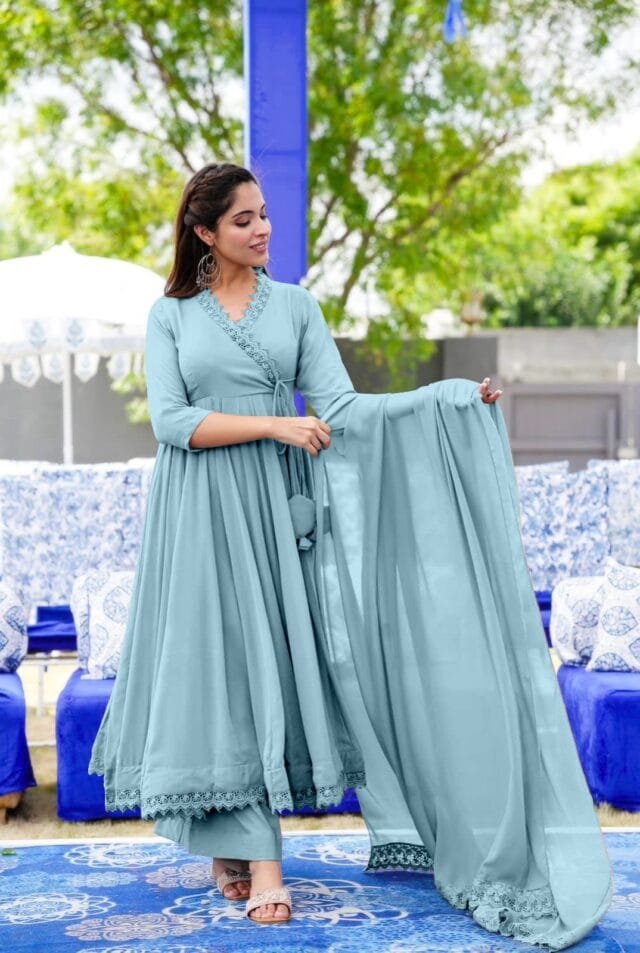 Sky Blue Anarkali Faux Georgette Gown With Fully Flair Suits In Sale