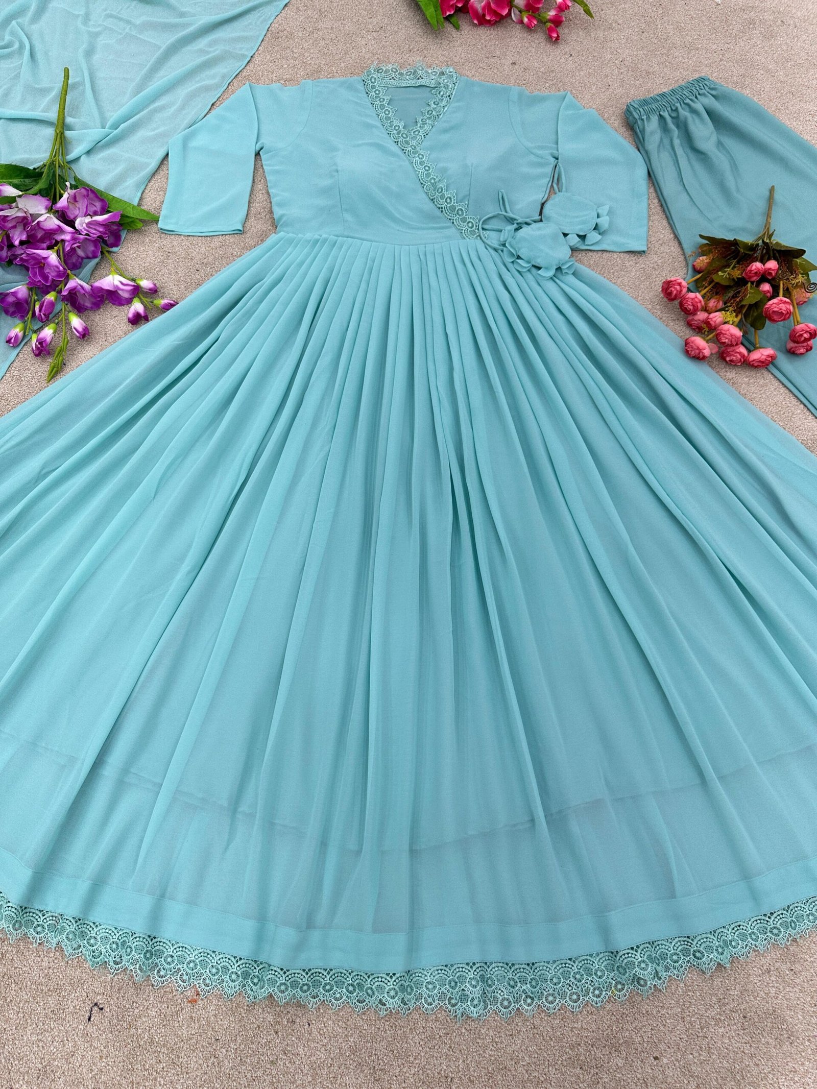 Classic Floral Sky Blue Color American Creep Silk Gown | Silk gown, Long  frocks, Long frocks for girls