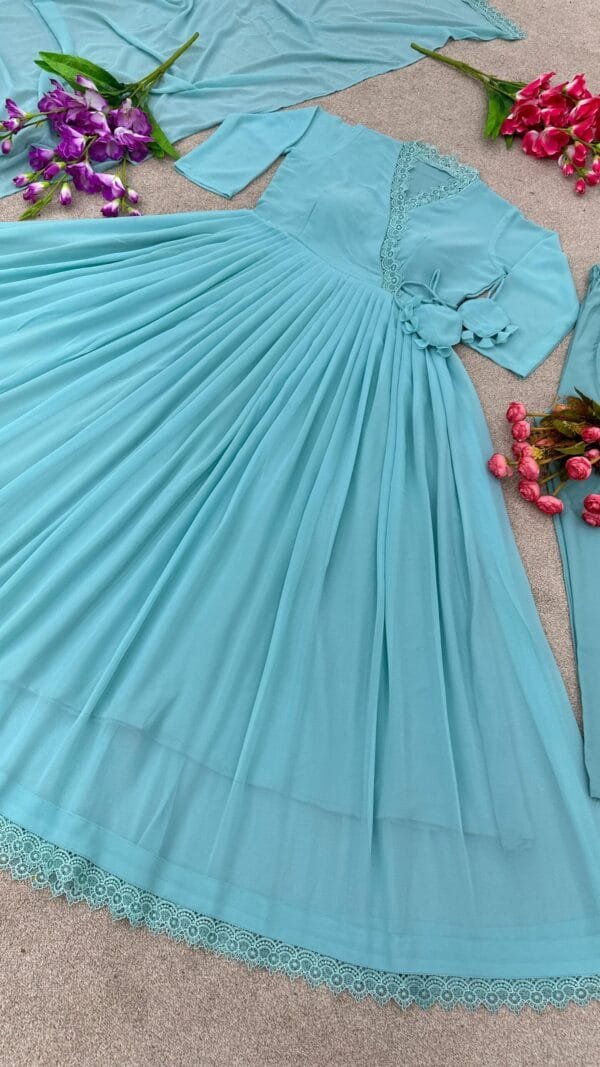 Sky Blue Anarkali Faux Georgette Gown With Fully Flair Suits In Sale