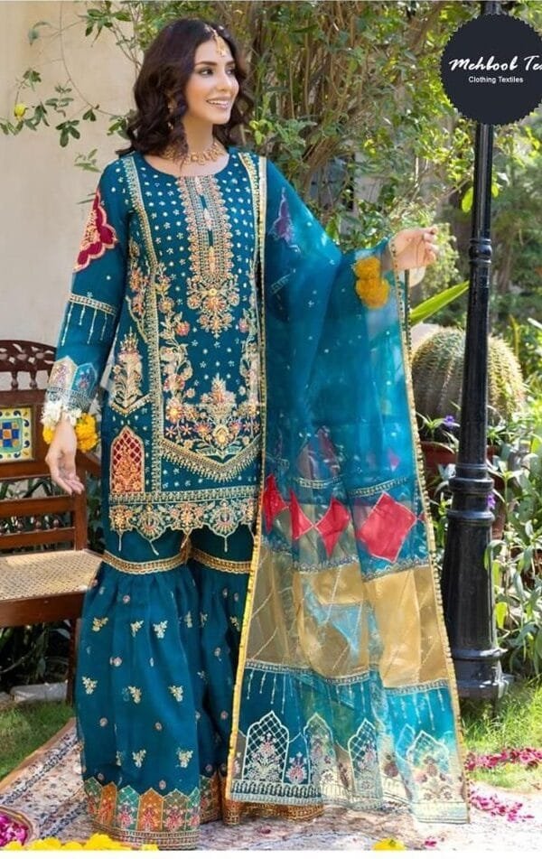 Sky Blue Organza with Heavy Embroidery Work Pakistani Suits In Sale