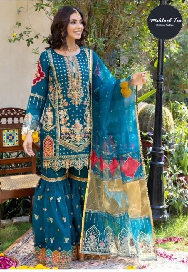 Sky Blue Organza with Heavy Embroidery Work Pakistani Suits In Sale