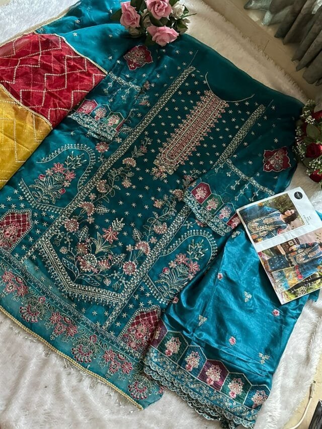 Sky Blue Organza with Heavy Embroidery Work Pakistani Suits In Sale