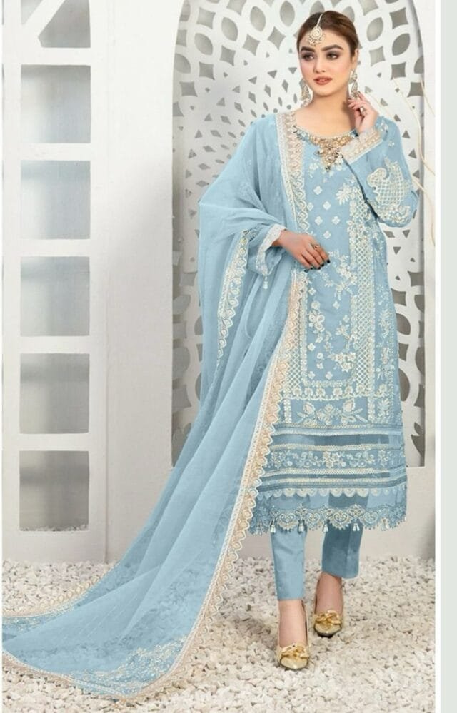 Sky Blue Pure Organza Embroidered Work Pakistani Suits In Sale