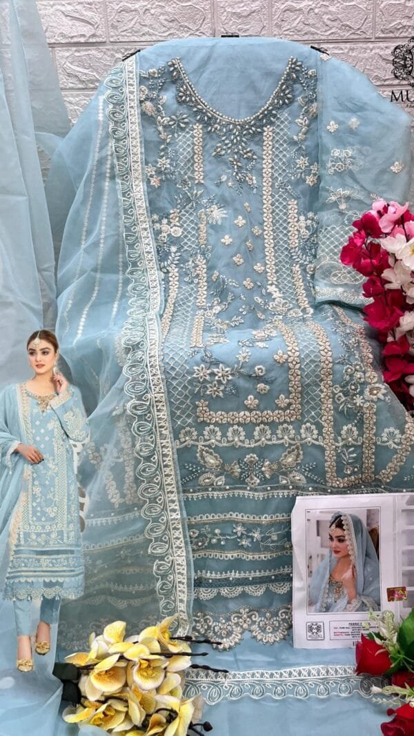 Sky Blue Pure Organza Embroidered Work Pakistani Suits In Sale