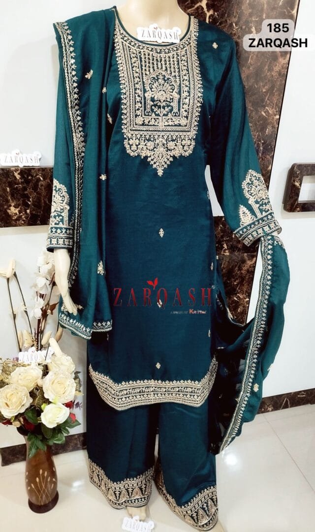 Sky Blue Readymade Vichitra Silk Embroidery Work Pakistani Suits In Sale - Image 4