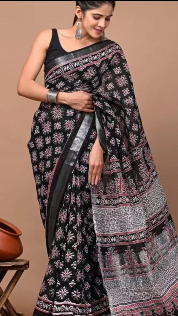 Trendy Black LinenDigital Print Saree