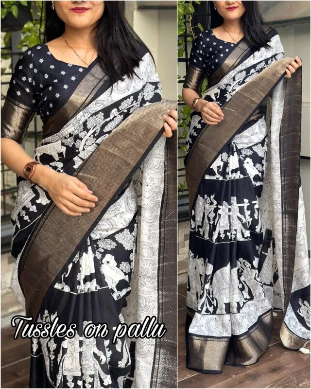 Trendy Black Soft Cotton Saree