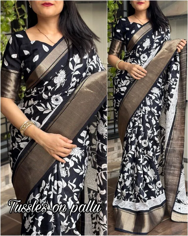 Trendy Black Soft Cotton Saree