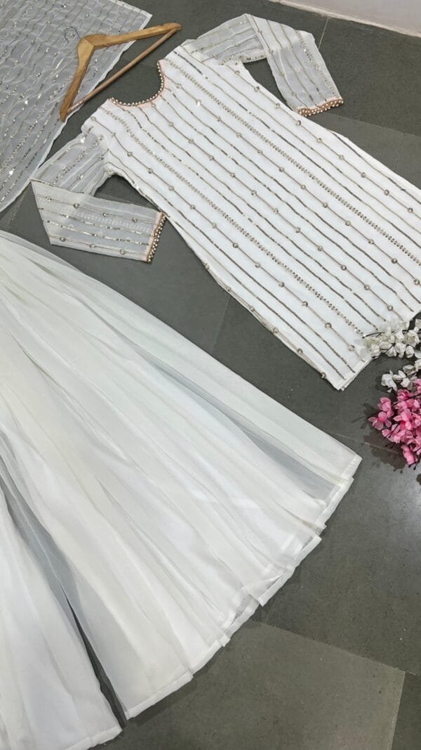 White Fully Stitched Ready To Wear Faux Georgette Sequence Work Pakistani Suits In Sales