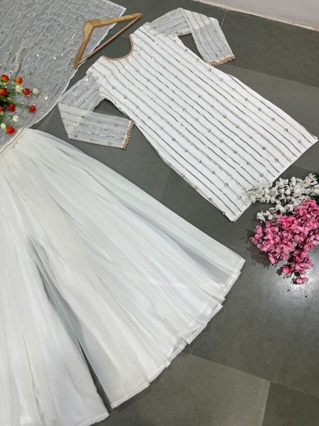 White Fully Stitched Ready To Wear Faux Georgette Sequence Work Pakistani Suits In Sales