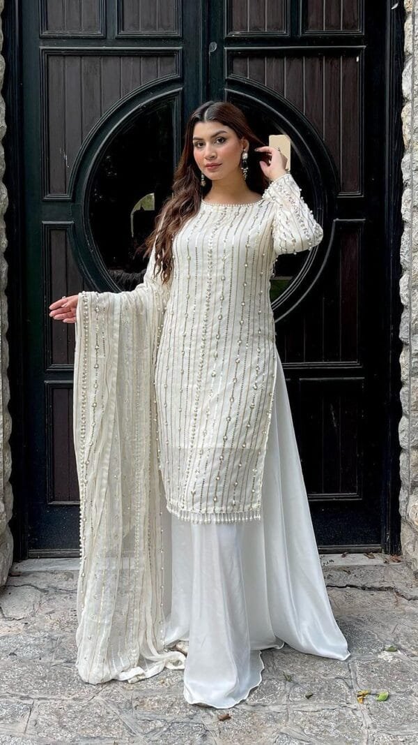 White Fully Stitched Ready To Wear Faux Georgette Sequence Work Pakistani Suits In Sales