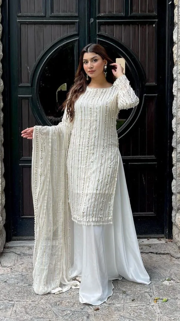 White Fully Stitched Ready To Wear Faux Georgette Sequence Work Pakistani  Suits In Sales - SareesWala.com