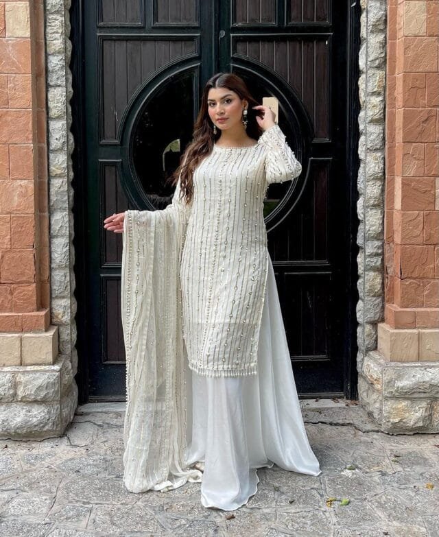 White Fully Stitched Ready To Wear Faux Georgette Sequence Work Pakistani Suits In Sales