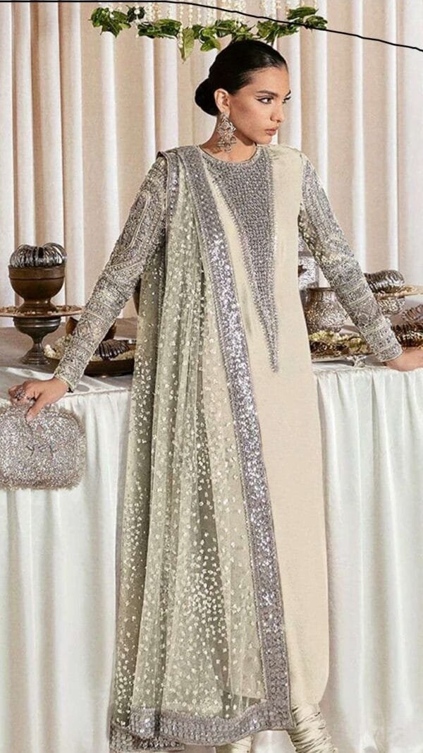 White Grey Georgette Embroidered Pakistani Suits In Sale