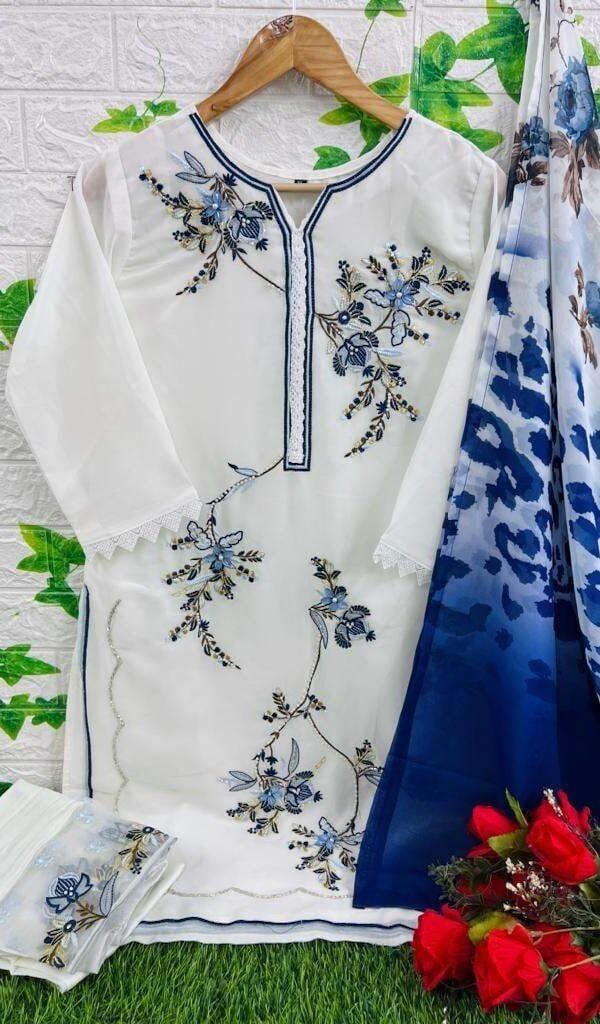 White Readymade Georgette Beautiful Embroidery Work Pakistani Suits In Sale