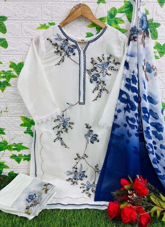 White Readymade Georgette Beautiful Embroidery Work Pakistani Suits In Sale