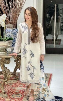 White Readymade Georgette Beautiful Embroidery Work Pakistani Suits In Sale
