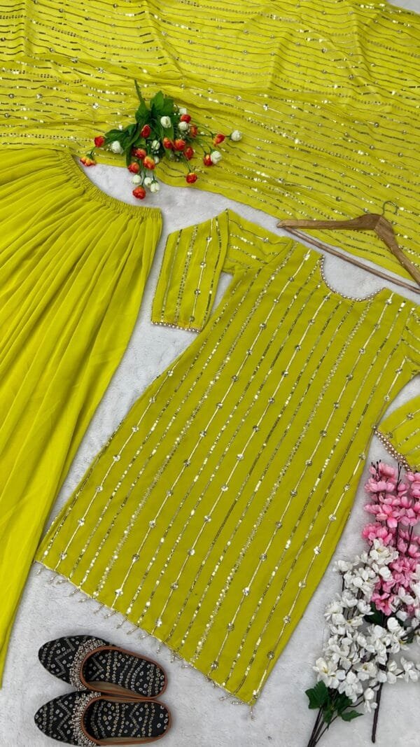 Yellow Fully Stitched Ready To Wear Faux Georgette Sequence Work Pakistani Suits In Sales