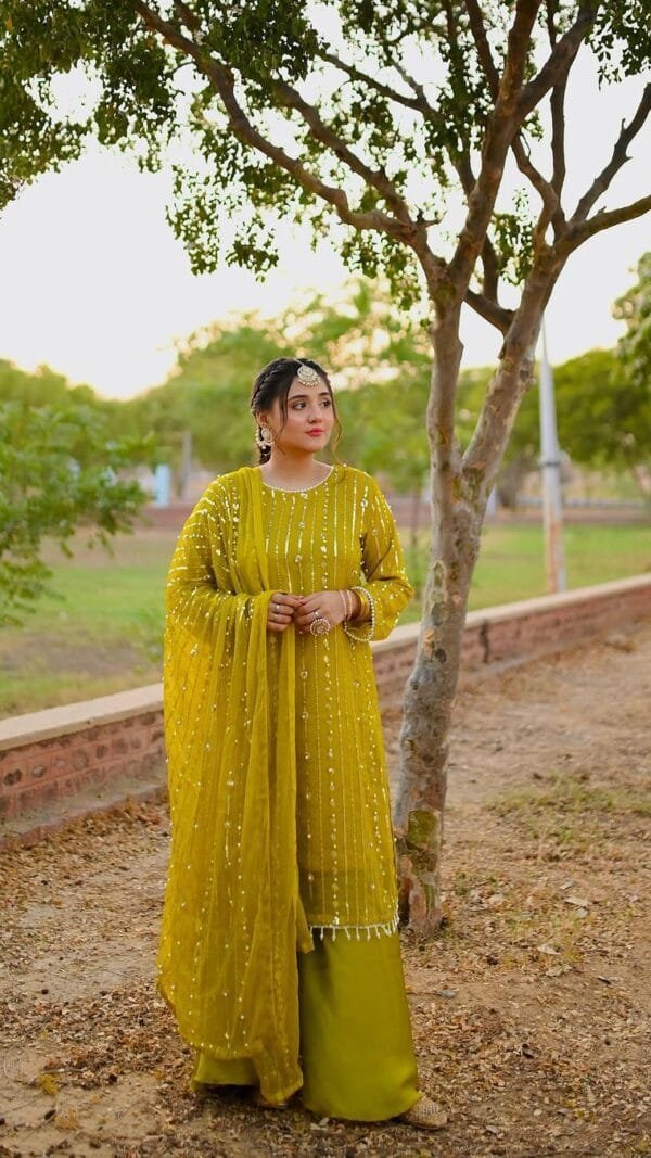 Yellow Fully Stitched Ready To Wear Faux Georgette Sequence Work Pakistani Suits In Sales