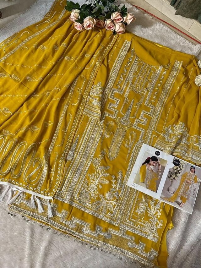 Yellow Heavy Georgette Fabric with Heavy Work Pakistani Suits in Sale