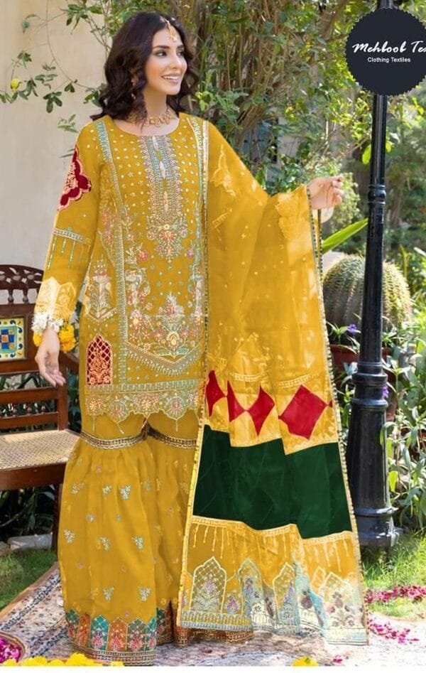 Yellow Organza with Heavy Embroidery Work Pakistani Suits In Sale