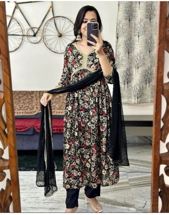 Aaliya Black Floral Alia Cut Suit Set