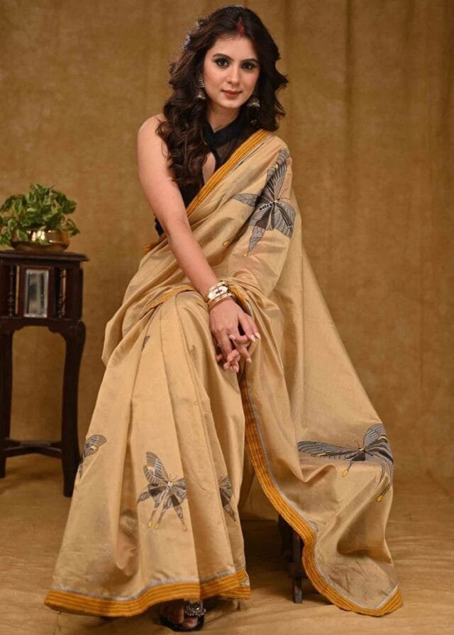 Biscuit Colour Plain Linen New Fancy Saree