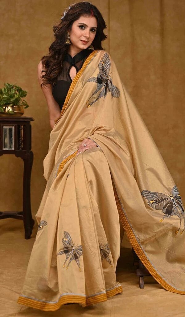 Biscuit Colour Plain Linen New Fancy Saree