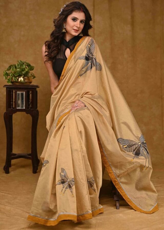 Biscuit Colour Plain Linen New Fancy Saree