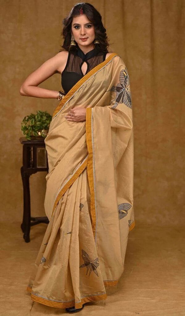 Biscuit Colour Plain Linen New Fancy Saree