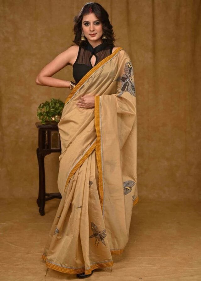 Biscuit Colour Plain Linen New Fancy Saree