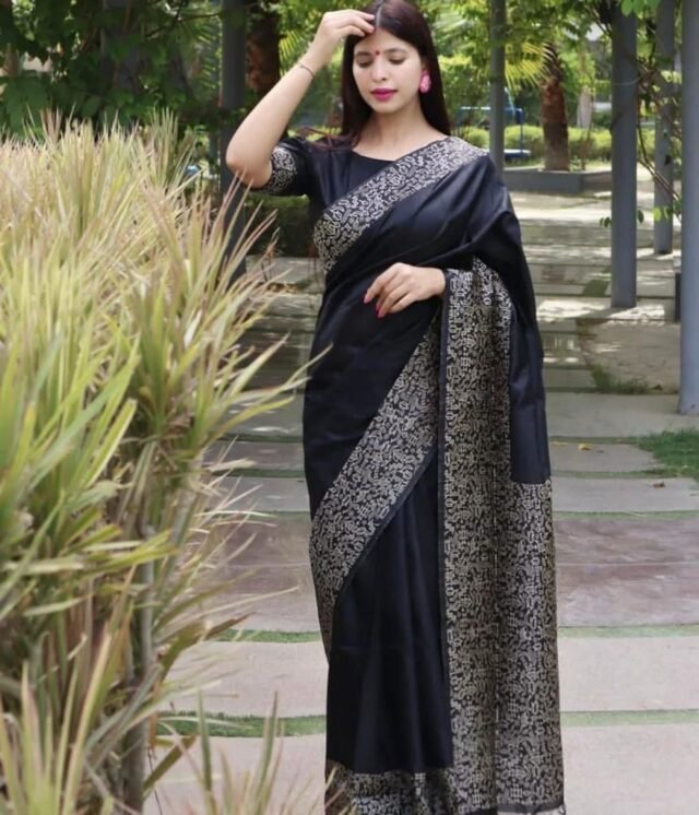 Black Colour Soft Lichi Silk Cloth Saree