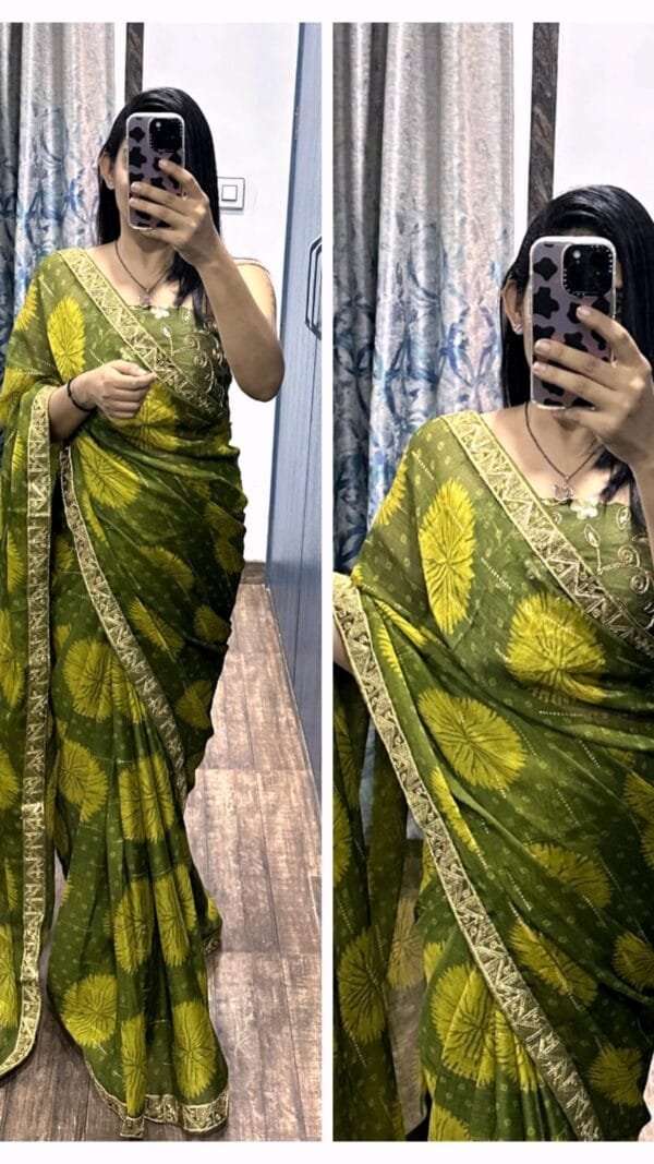 GREEN COLOUR Pure Chiffon With Embroidery Border & Embroider Blouse