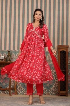 Red Aliya Cut Rayon Dresses