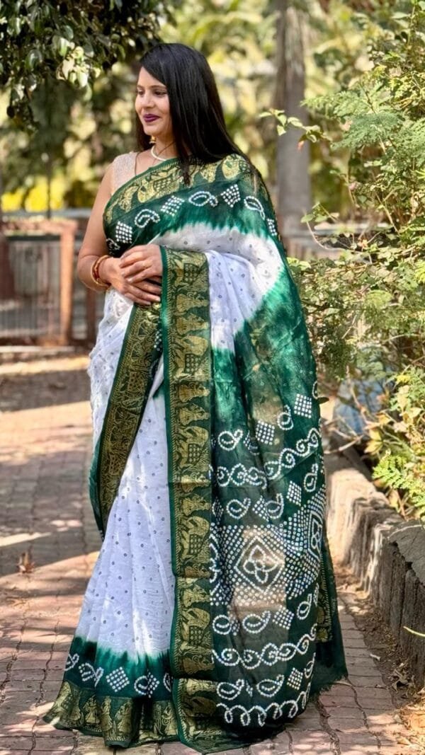 White Colour Bandhej Print Sarees