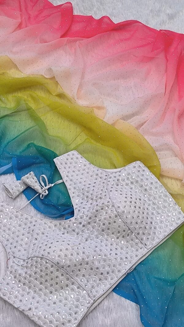 White Colour Georgette Swarovski Diamond Saree