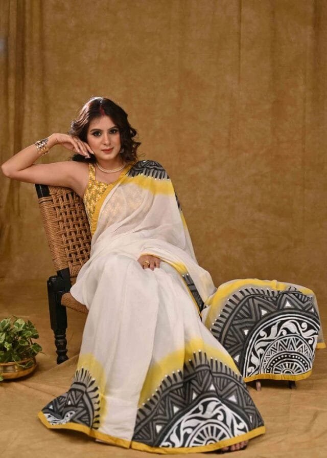 White Colour Pure Linen Cotton New Fancy Saree