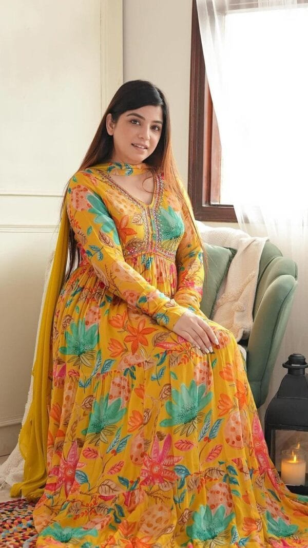 Yellow Colour Premium Chinon Alia Cut Dresses