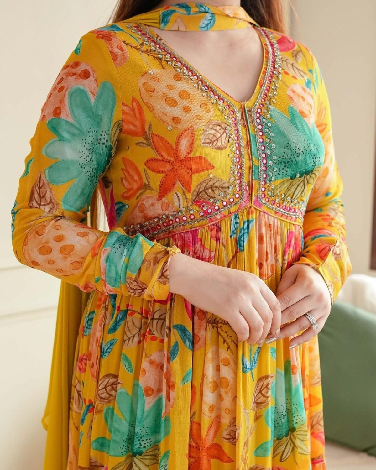 Yellow Colour Premium Chinon Alia Cut Dresses FREECOD -  SareesWala.com