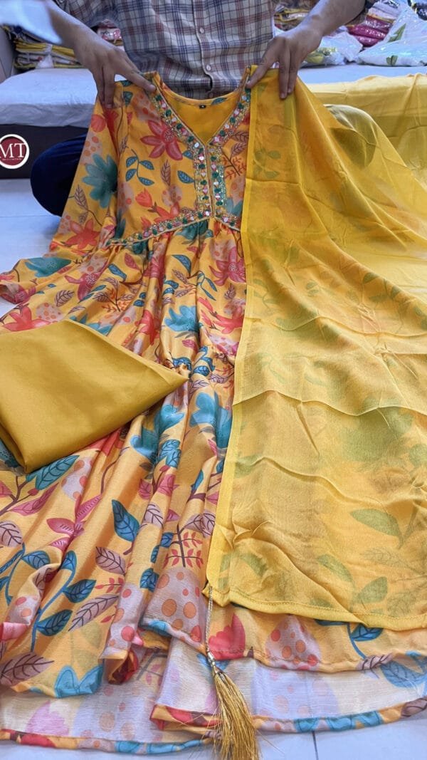 Yellow Colour Premium Chinon Alia Cut Dresses