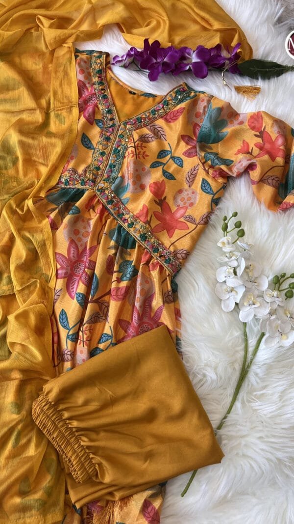 Yellow Colour Premium Chinon Alia Cut Dresses