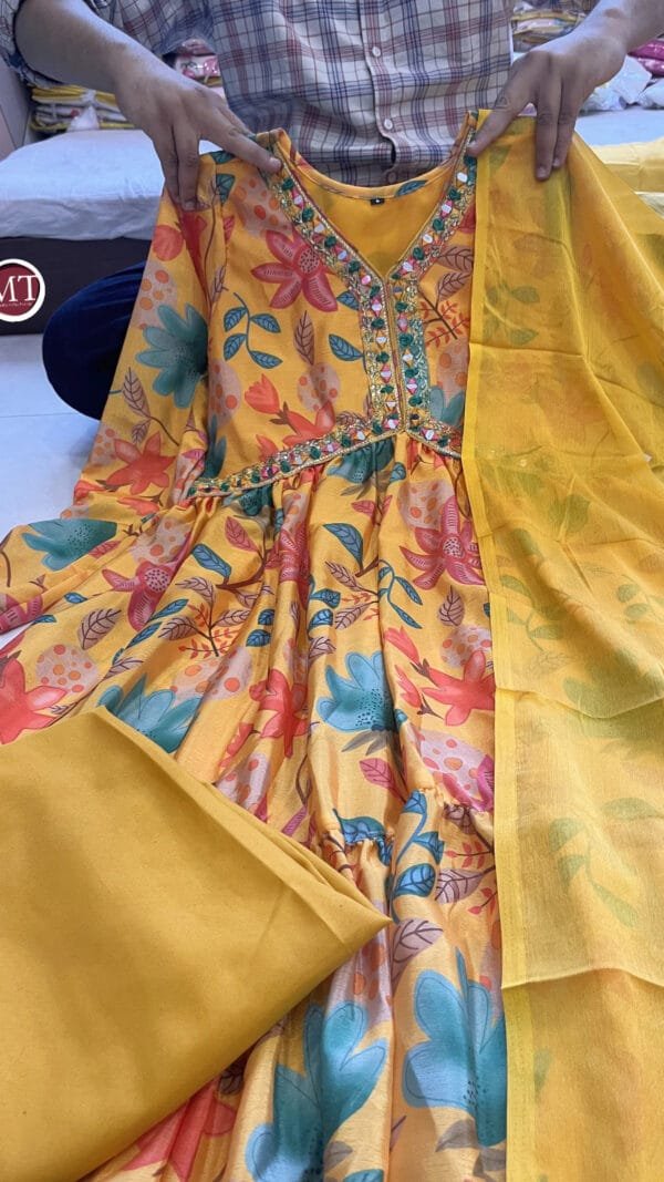 Yellow Colour Premium Chinon Alia Cut Dresses